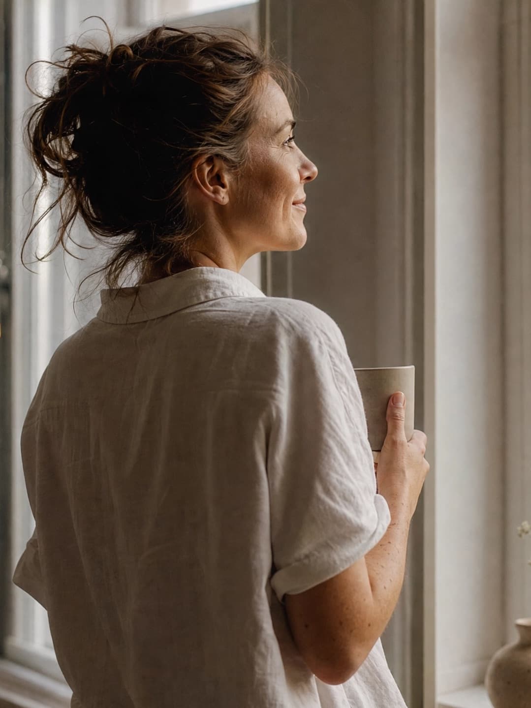 Kvinde med kop kaffe kigger ud ad vinduet i en lys københavnerlejlighed